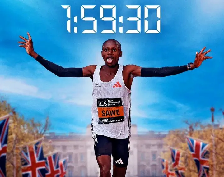 SABASTIAN SAWE MAKES HISTORY: FIRST MAN TO BREAK THE TWO-HOUR MARATHON BARRIER AT LONDON MARATHON.