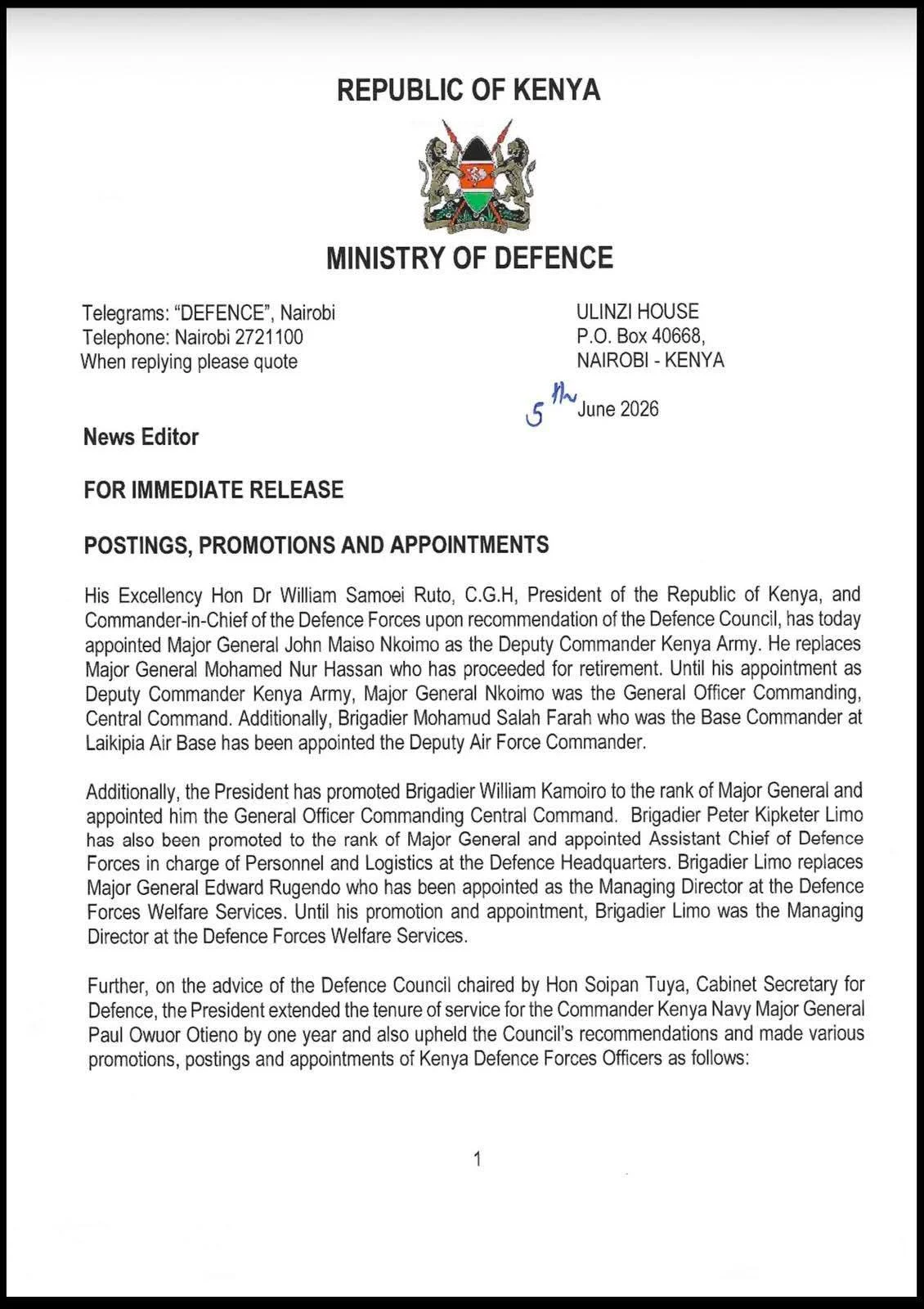 Ruto Implements Major Military Reforms: What It Means for Kenya’s Defense