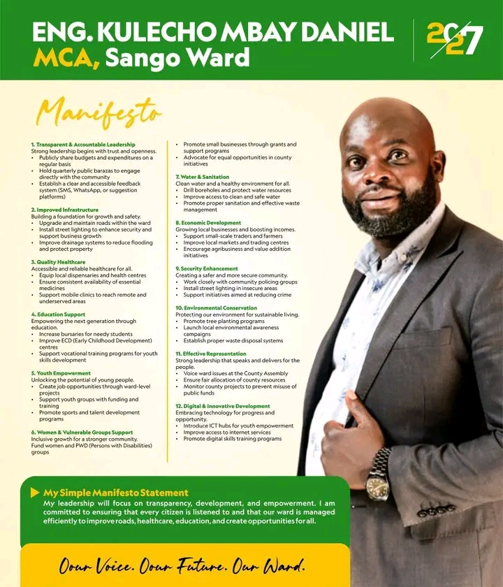 Eng. Kulecho Mbay Daniel Eyes Sango Ward MCA Seat
