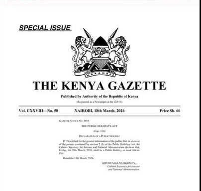 Government declares 20 March 2026 a public holiday to mark Idd- Ul-Fitr.